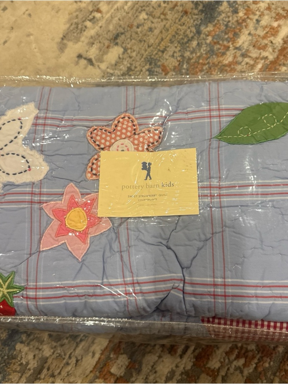 Pottery Barn Kids Light Blue Plaid Quilt with Pink & Green Appliqués twin